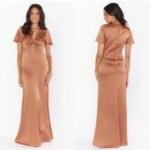 Show Me Your MUMU Copper Brown Satin Formal V-Neck Maxi Dress Womens Large